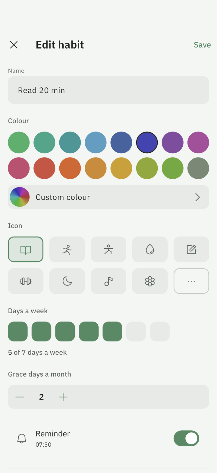 Edit habit: name, sixteen colours plus a custom colour, an icon grid, the weekly goal picked on the week bar, grace days a month, an optional reminder